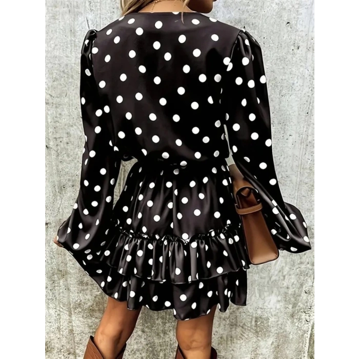 Kadın Uzun Kollu V Yakalı Belden Kuşaklı Puantiyeli Mini Modal Elbise