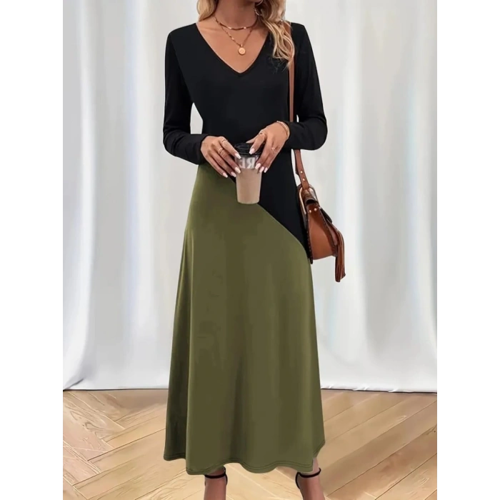 Kadın Uzun Kollu V Yakalı Blok Desenli Viskon Elbise