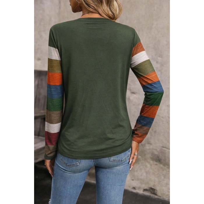 Kadın Uzun Kollu V Yakalı Cepli çok Renkli Viskon Bluz