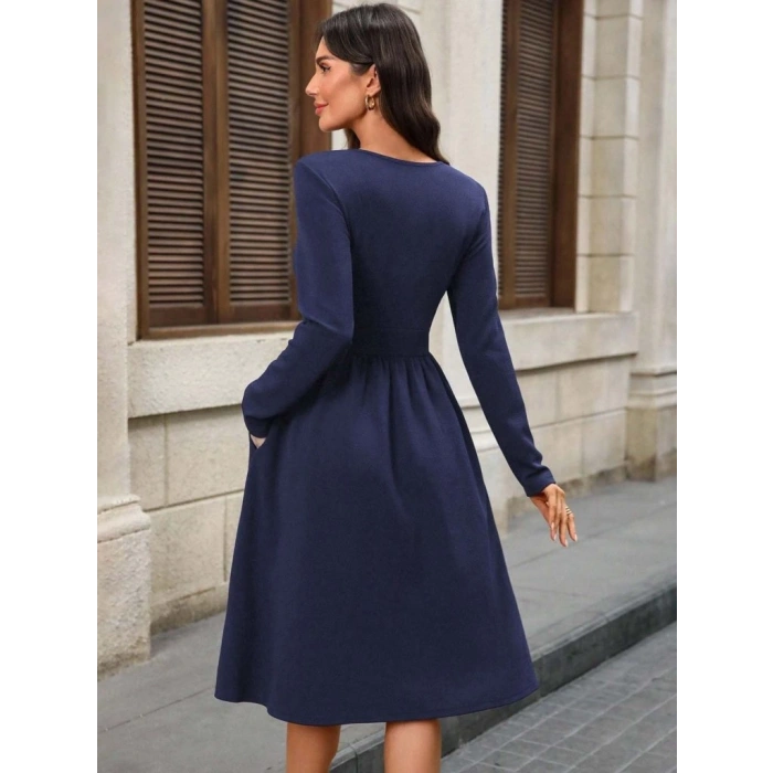 Kadın Uzun Kollu V Yakalı Cepli Midi Ithal Krep Elbise