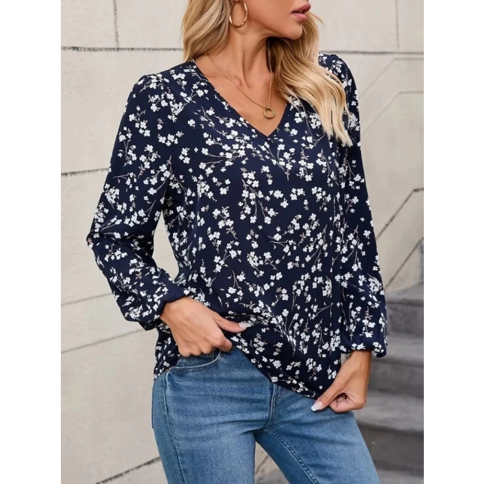 Kadın Uzun Kollu V Yakalı çiçek Desenli Modal Bluz