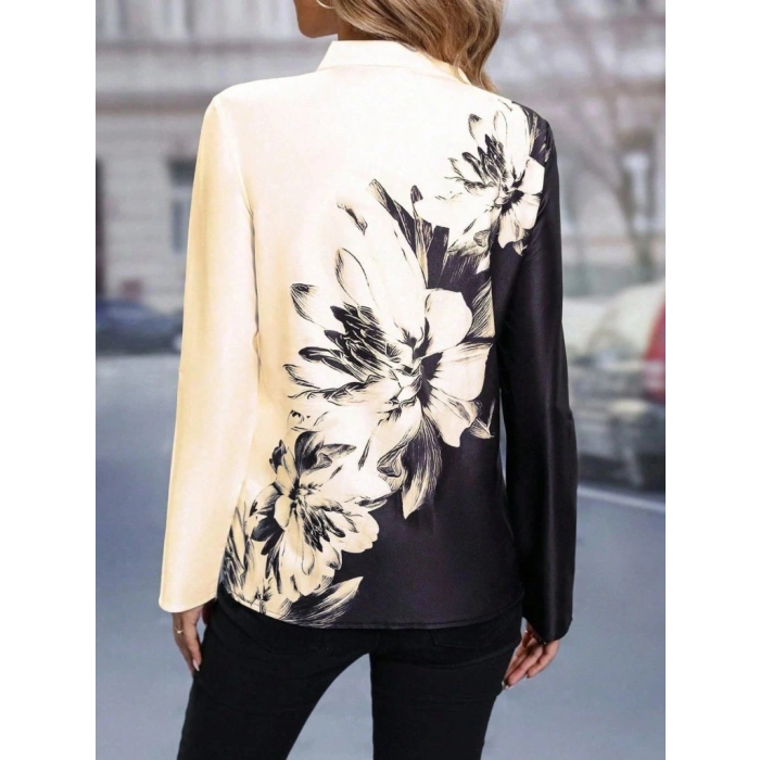 Kadın Uzun Kollu V Yakalı çiçek Desenli Süprem Bluz