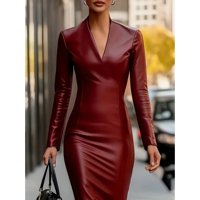 Kadın Uzun Kollu V Yakalı Deri Midi Elbise