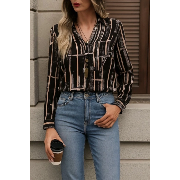 Kadın Uzun Kollu V Yakalı Desenli Dalgıç Bluz