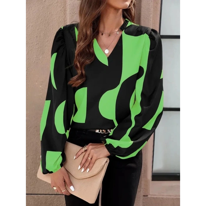 Kadın Uzun Kollu V Yakalı Desenli Modal Bluz