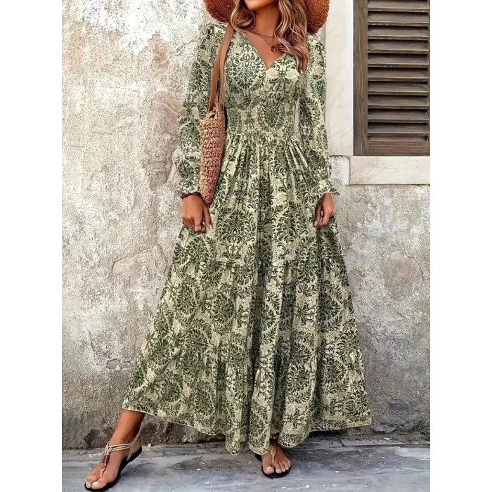 Kadın Uzun Kollu V Yakalı Desenli Süprem Elbise