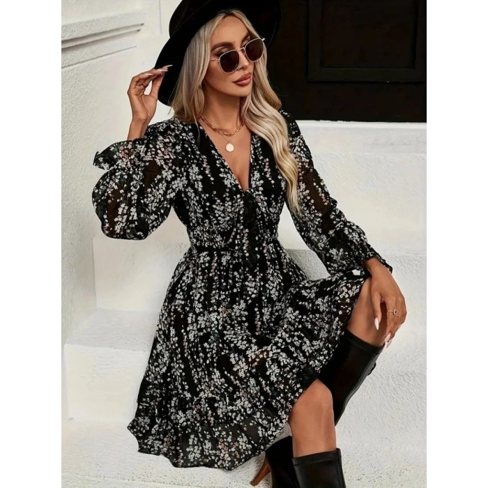 Kadın Uzun Kollu V Yakalı Fırfırlı Ve Bağcıklı şifon Mini Elbise