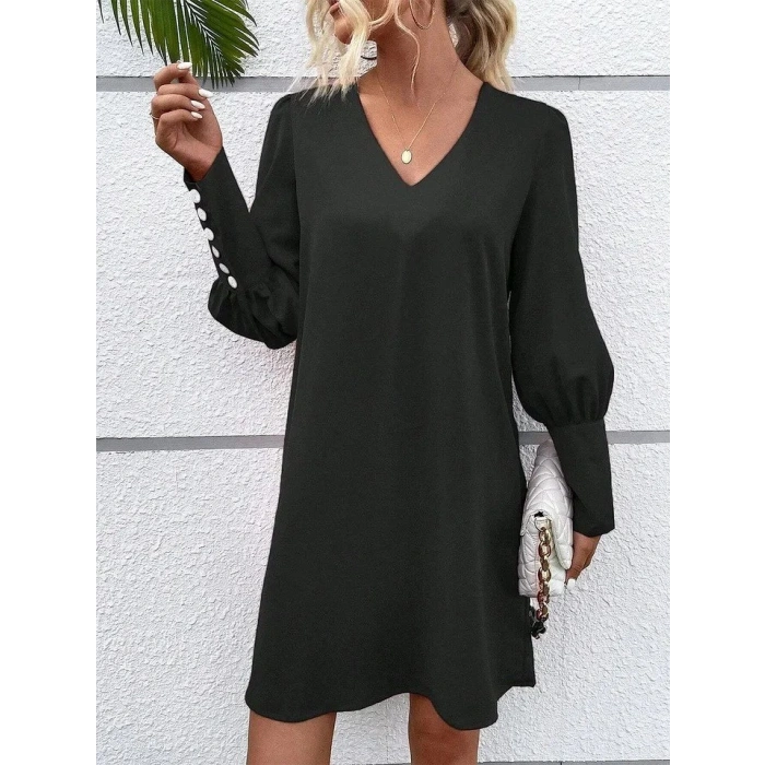 Kadın Uzun Kollu V Yakalı Kısa Ithal Krep Elbise