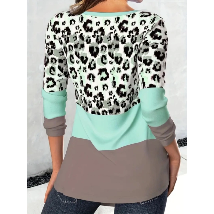 Kadın Uzun Kollu V Yakalı Leopar Baskılı şardonlu Dalgıç Bluz