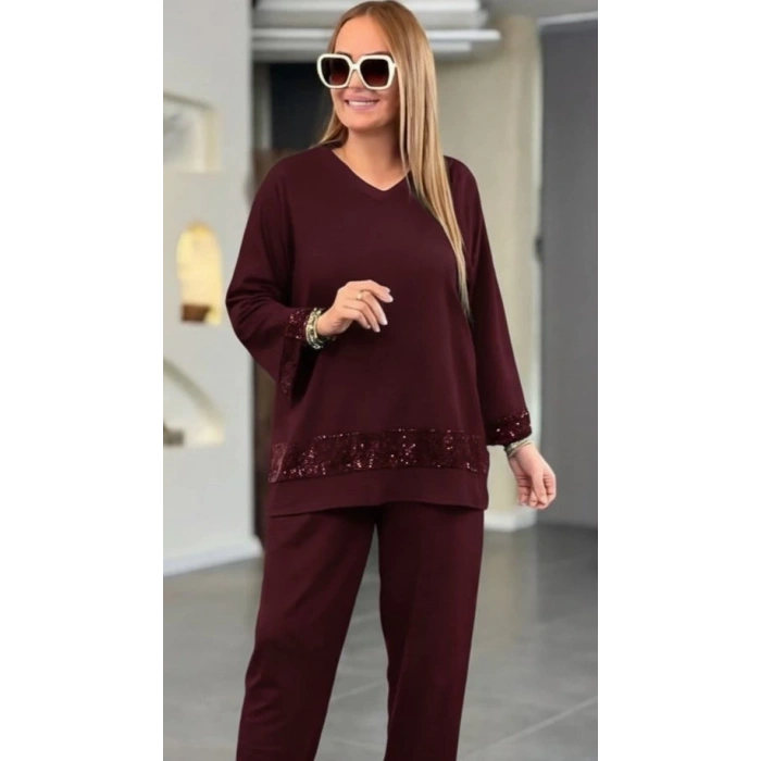 Kadın Uzun Kollu V Yakalı Pulpayet Viskon Iki Iplik Bluz Ve Pantolon Takım