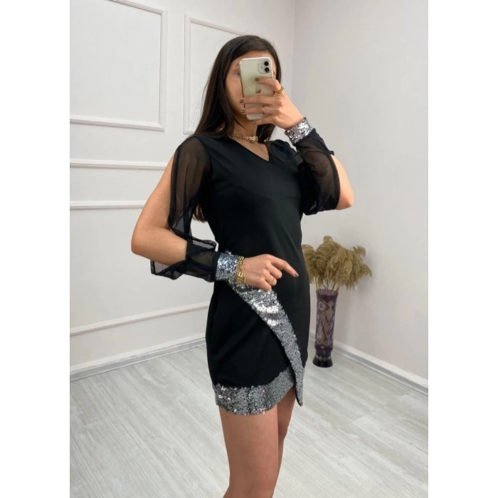 Kadın Uzun Kollu V Yakalı Pulpayetli Ithal Krep Mini Elbise