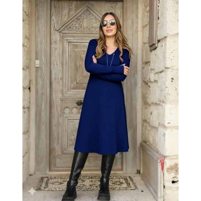 Kadın Uzun Kollu V Yakalı Salaş Midi Akrilik Elbise