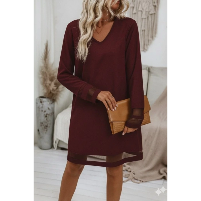 Kadın Uzun Kollu V Yakalı Tül şerit Detaylı Mini Krep Elbise