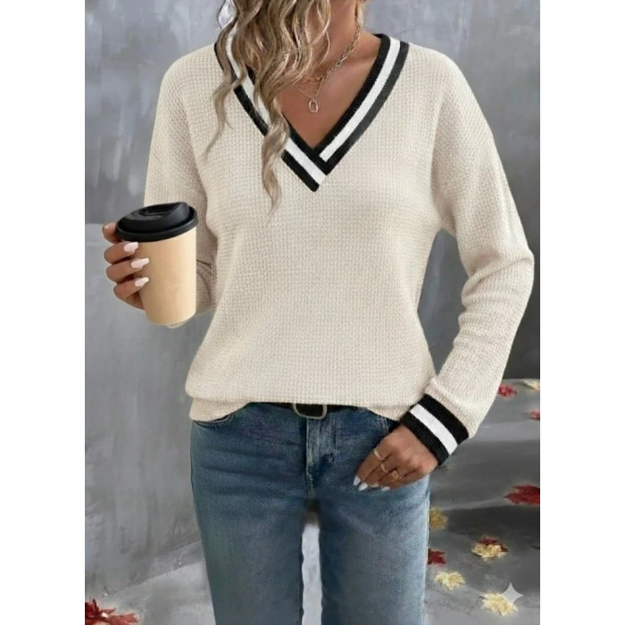 Kadın Uzun Kollu V Yakalı Waffle Bluz