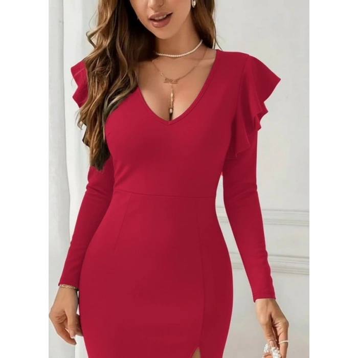 Kadın Uzun Kollu V Yakalı Yandan Yırtmaçlı Midi Ithal Krep Elbise