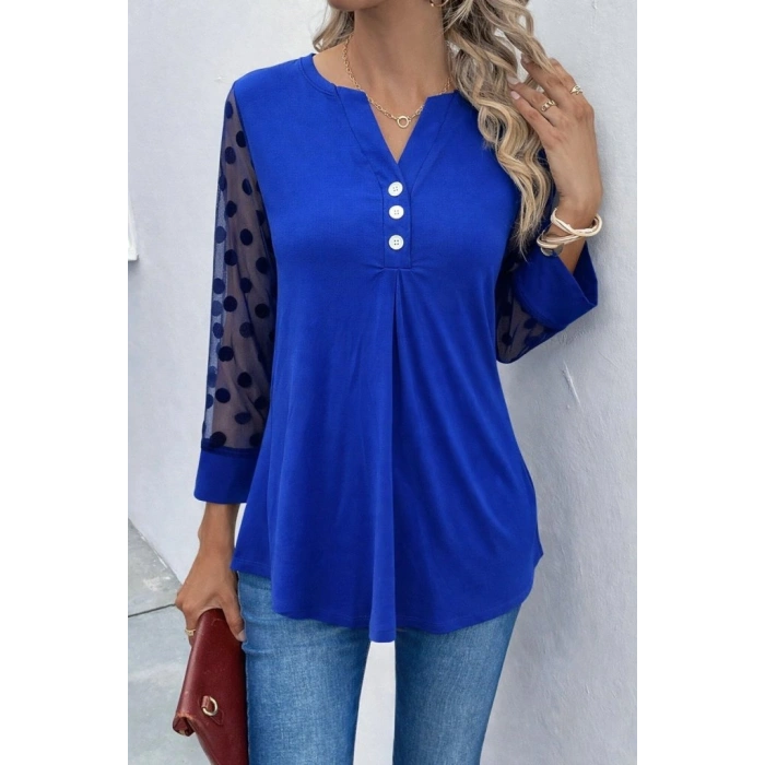 Kadın Uzun Kollu Yakadan Düğmeli Kolları Tül Detaylı Viskon Bluz