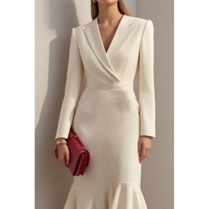 Kadın Uzun Kollu Yakalı Belden Oturtmalı Midi Ithal Krep Elbise