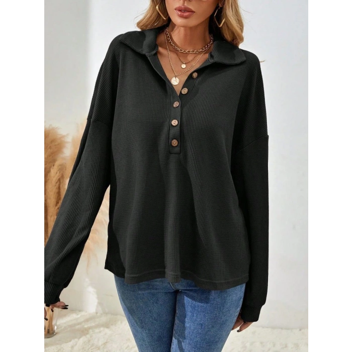 Kadın Uzun Kollu Yakalı Düğmeli Salaş Waffle Bluz