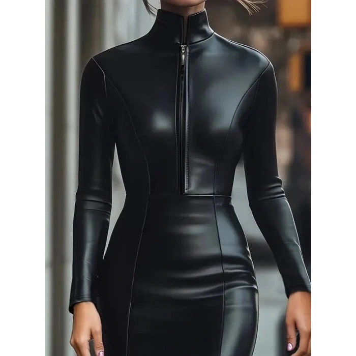 Kadın Uzun Kollu Yakalı Fermuarlı Mini Deri Elbise