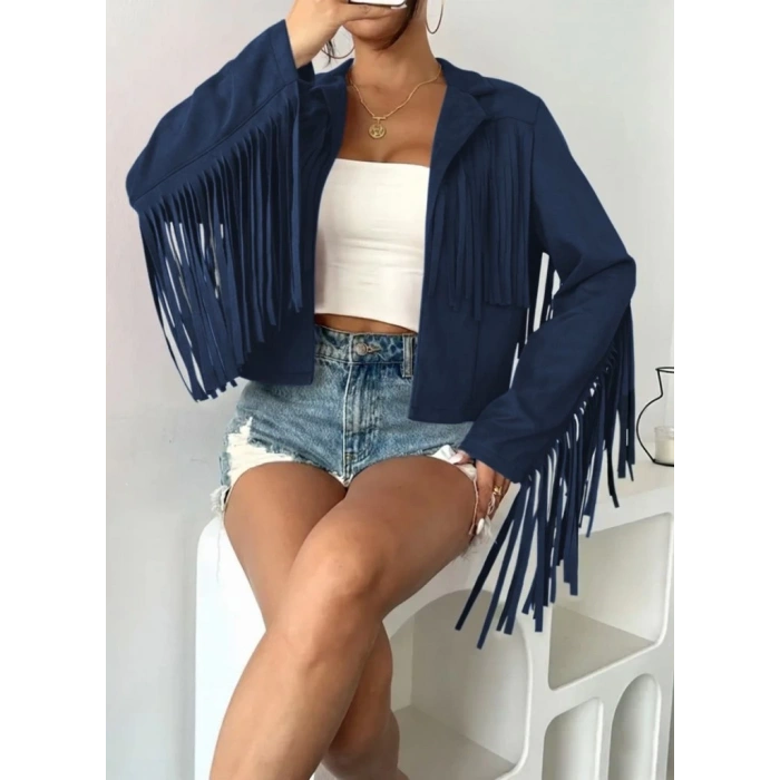 Kadın Uzun Kollu Yakalı Kısa Püsküllü Süet Ceket