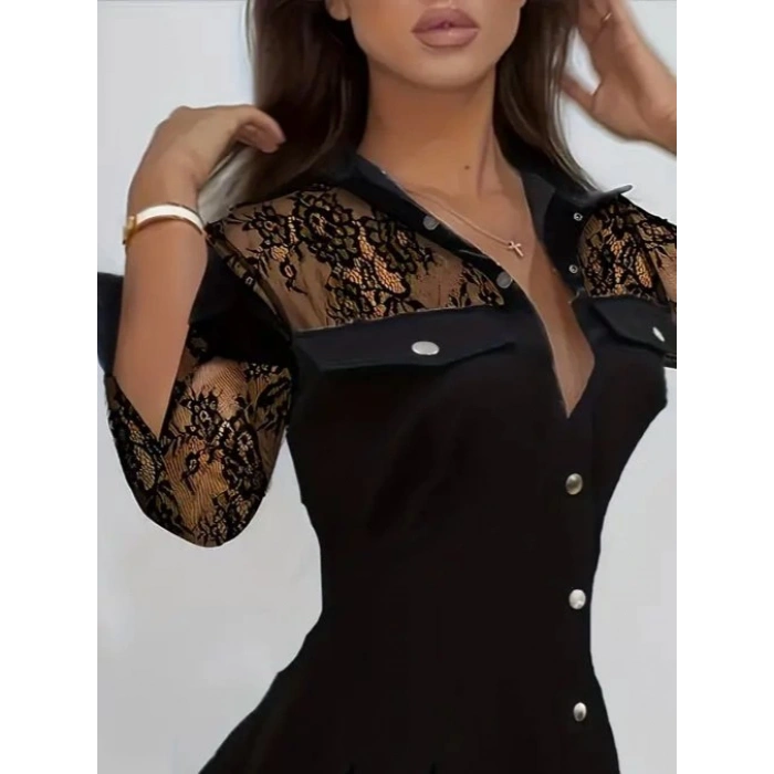 Kadın Uzun Kollu Yakalı önden Düğmeli Cep Detaylı Mini Modal Elbise