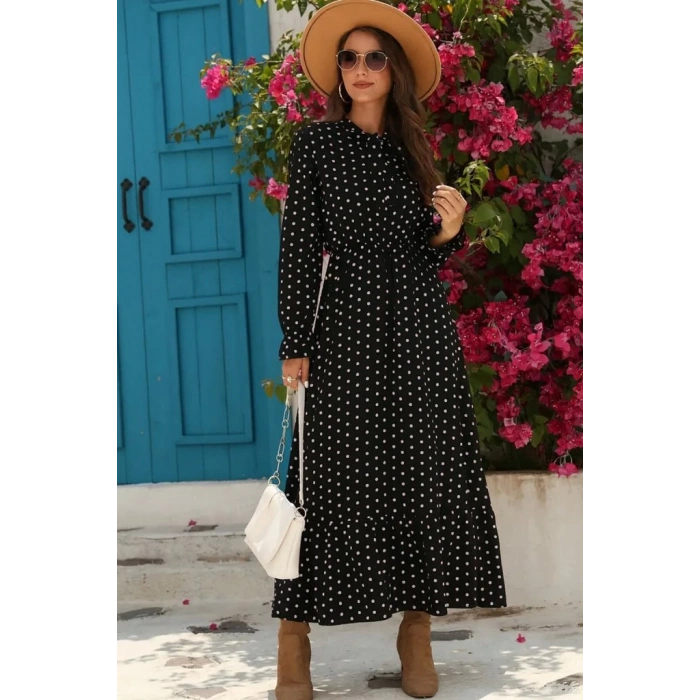 Kadın Uzun Kollu Yakası Bağcıklı Uzun Puantiyeli Krep Maxi Elbise