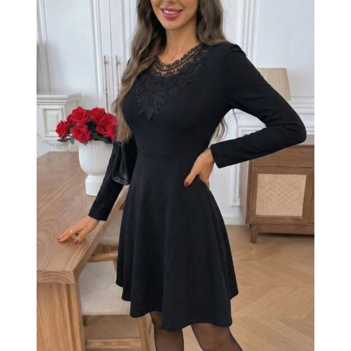 Kadın Uzun Kollu Yakası Dantelli Mini Ithal Krep Elbise