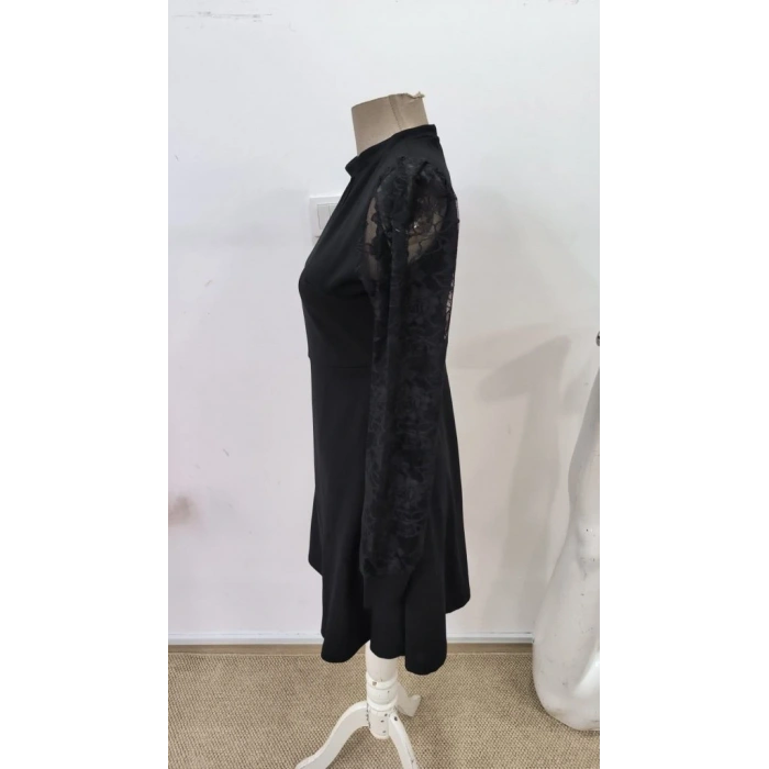 Kadın Uzun Kollu Yuvarlak Damla Detaylı Kolları Tül Detaylı Kısa Ithal Krep Elbise