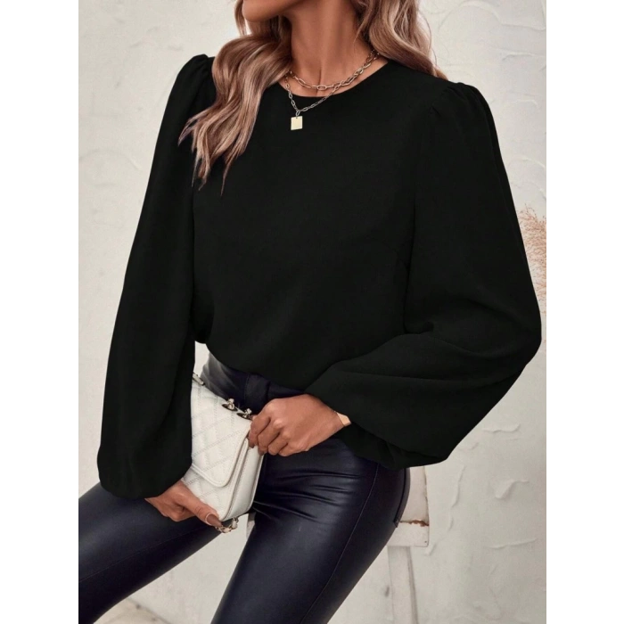 Kadın Uzun Kollu Yuvarlak Yaka Arkadan Bağcıklı Salaş Ithal Krep Bluz