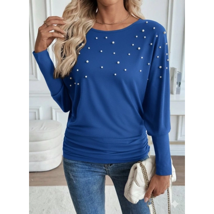 Kadın Uzun Kollu Yuvarlak Yaka Incili Viskon Bluz