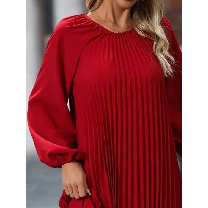 Kadın Uzun Kollu Yuvarlak Yaka Pileli Salaş Mini Ithal Krep Elbise