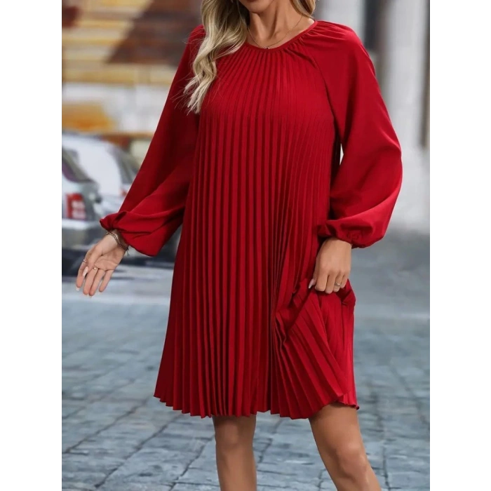 Kadın Uzun Kollu Yuvarlak Yaka Pileli Salaş Mini Ithal Krep Elbise