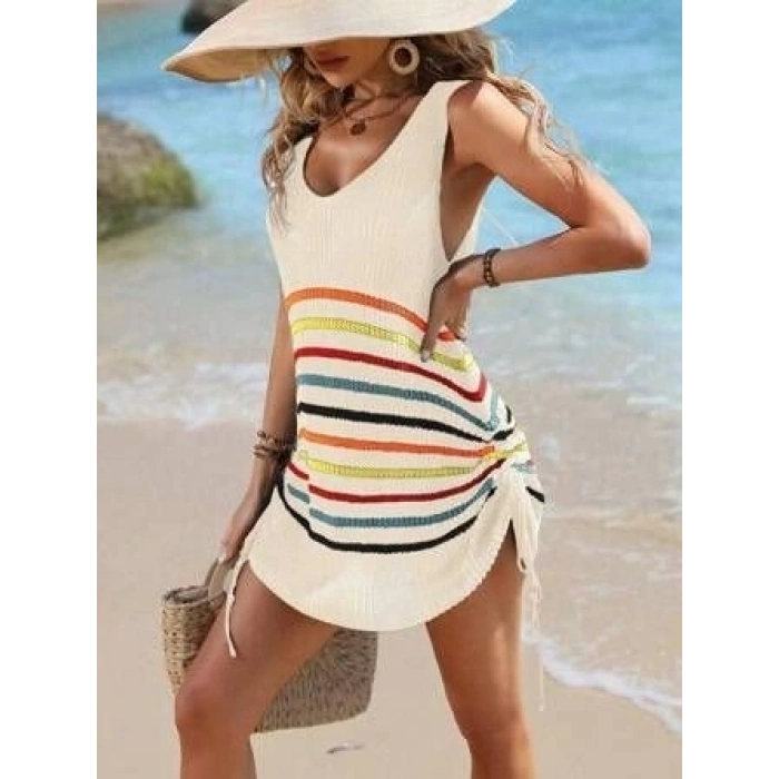 Kadın V Yaka çizgi Desenli Yanlar Asansör Büzgülü Triko Pareo