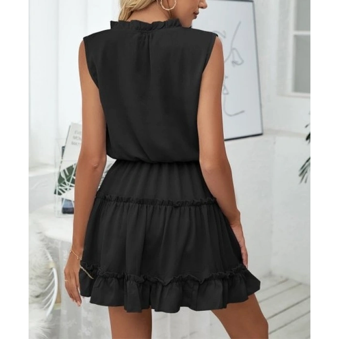 Kadın V Yaka Eteği Volanlı Ipek Ayrobin Kumaş Elbise