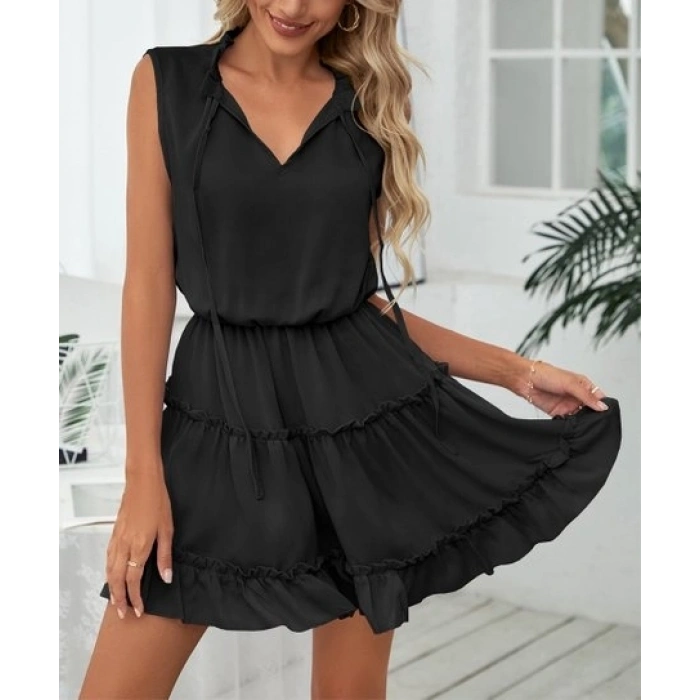 Kadın V Yaka Eteği Volanlı Ipek Ayrobin Kumaş Elbise