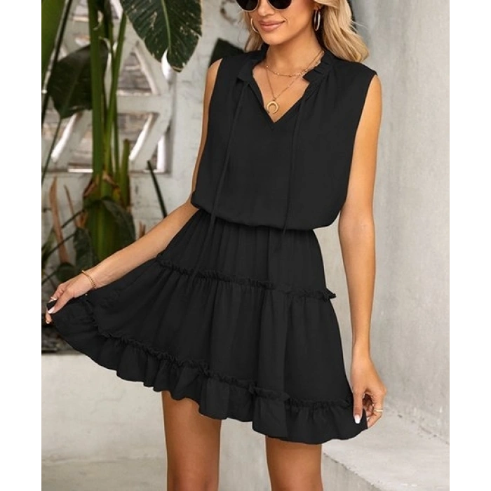 Kadın V Yaka Eteği Volanlı Ipek Ayrobin Kumaş Elbise