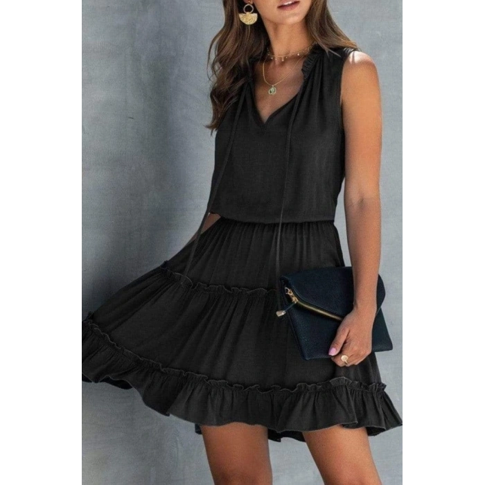 Kadın V Yaka Eteği Volanlı Ipek Ayrobin Kumaş Elbise