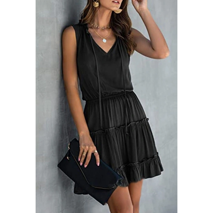 Kadın V Yaka Eteği Volanlı Ipek Ayrobin Kumaş Elbise