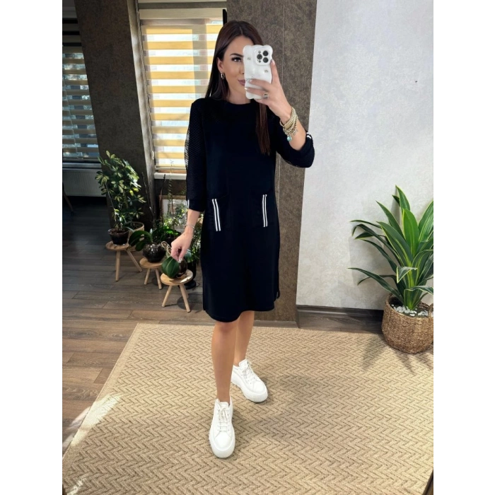 Kadın Viskon Pamuklu Kumaş Kol File , şerit Ve Cep Detaylı Elbise