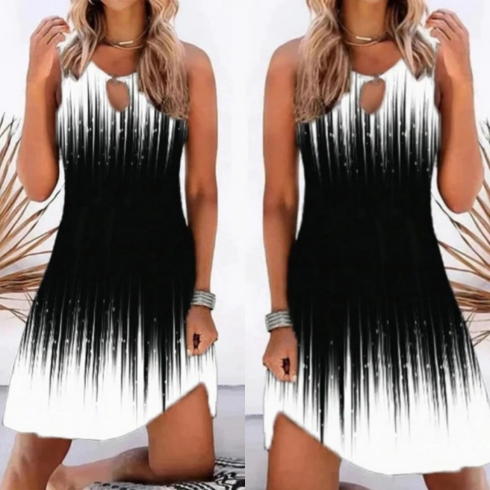 Kadın Yaka Damla Dekolteli Siyah Beyaz Desenli Dalgıç Elbise