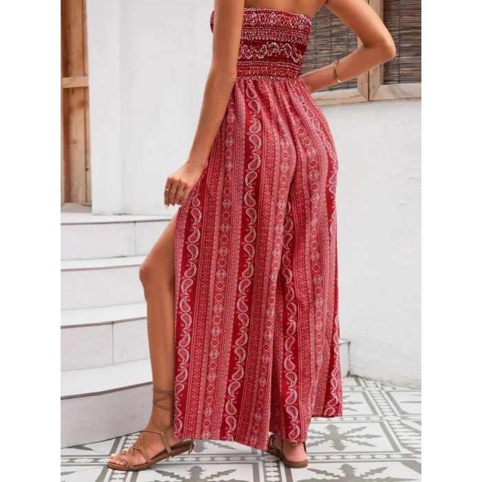 Kadın Yakası Gipe Detaylı önden Yırtmaç Detaylı Desenli Süprem Pantolun Etek Tulum