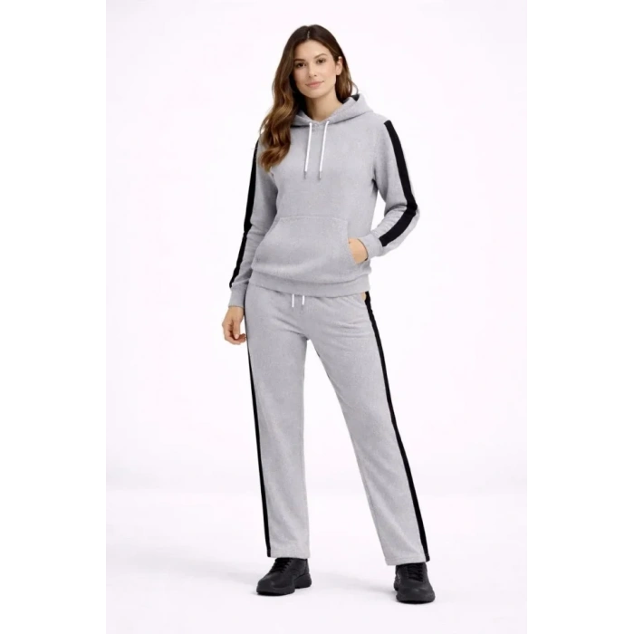 KADIN Yandan Şeritli Eşofman Takım Kapüşonlu Sweatshirt Boru Paça Alt, Oversize 3 Iplik Pamuklu - Gri