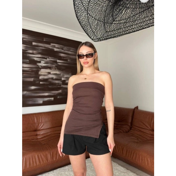 Kadın Yanı Büzgü Detay Straplez Bluz