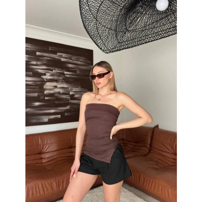 Kadın Yanı Büzgü Detay Straplez Bluz