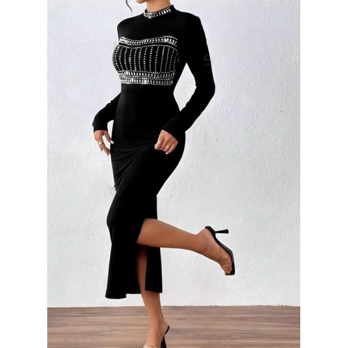 Kadın Yarım Balıkçı Yaka Taş Işemeli Bacak Dekolteli Maxi Boy Elbise