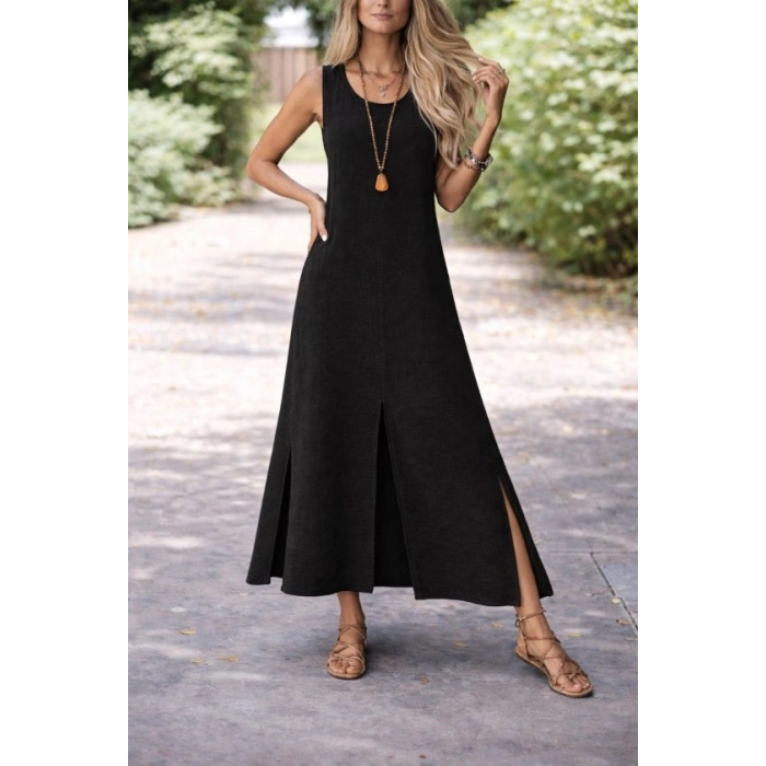 Kadın Yırtmaç Detay Kolsuz Maxi Boy Elbise