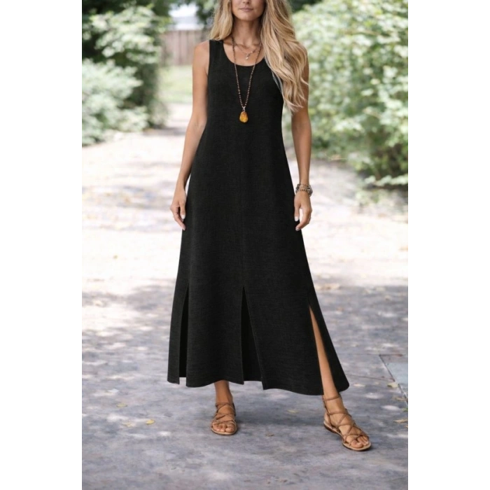 Kadın Yırtmaç Detay Kolsuz Maxi Boy Elbise