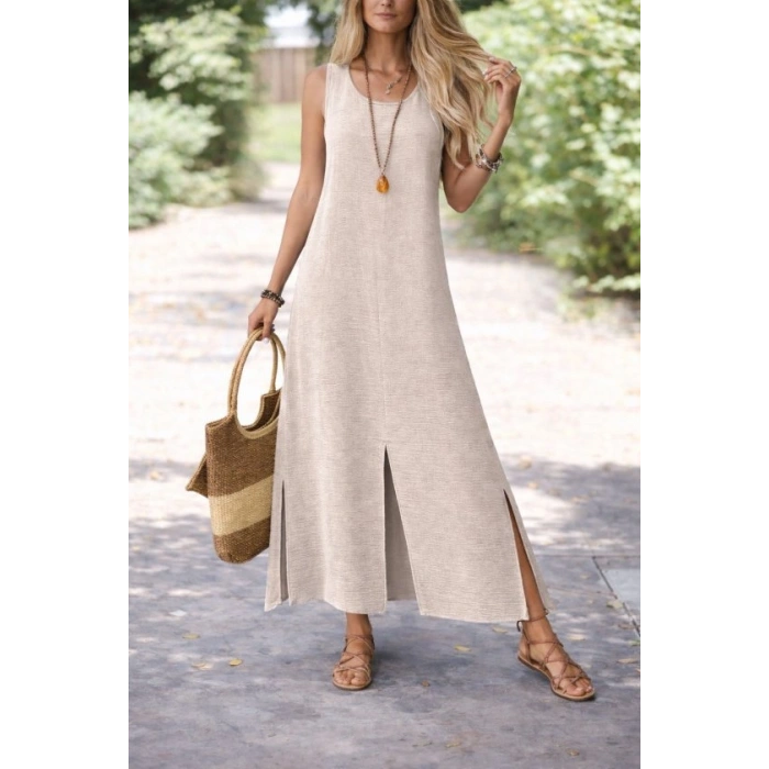 Kadın Yırtmaç Detay Kolsuz Maxi Boy Elbise