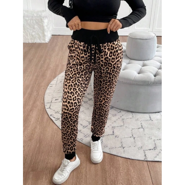 Kadın Yüksek Bel Bağcıklı Desenli Iki Iplik Pantolon