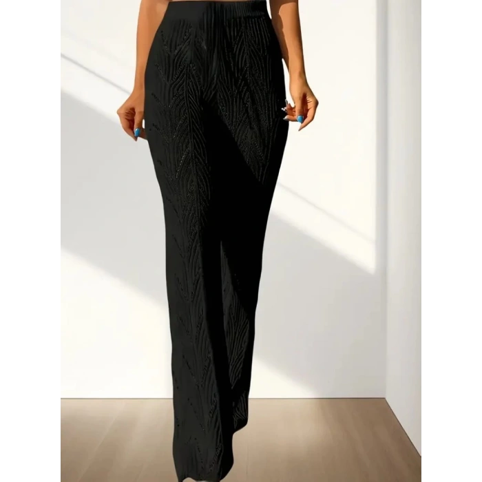 Kadın Yüksek Bel Bağcıklı Desenli Triko Plaj Pantolon